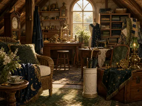 A sunlit wooden attic studio featuring a wicker chair, clockwork workbench, sewing machine, and fabrics.