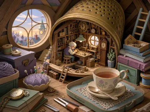 A miniature clockmaker works inside a golden thimble surrounded by sewing supplies, books, and a teacup.