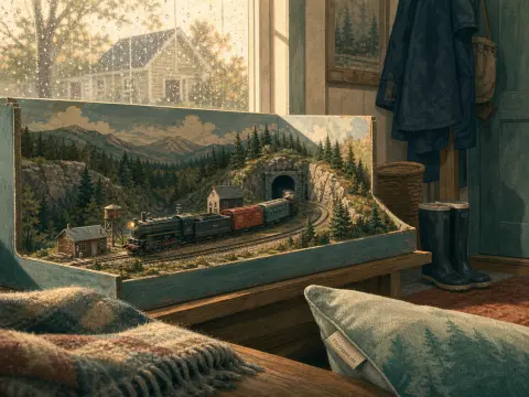 A model train diorama resting on a wooden bench inside a cozy room beside a rain-streaked window.