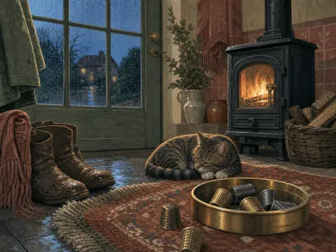 A tabby cat sleeps on a rug beside a crackling wood stove while rain falls outside a glass door.