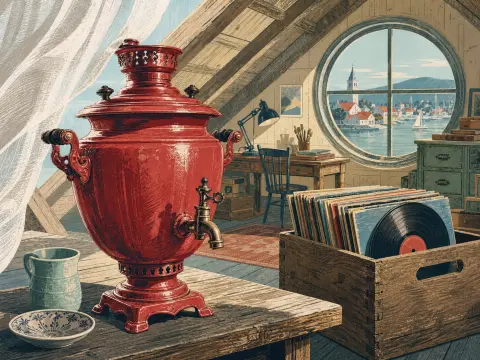 A glossy red samovar and a crate of vinyl records sit in a sunlit attic studio with a round seaside window.