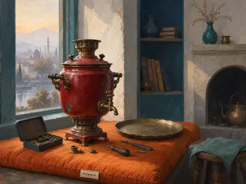 A red antique samovar and brass tray on an orange cushion beside a window overlooking a river city.