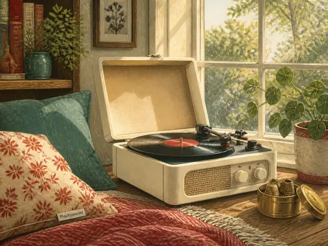 A cream-colored record player on a sunny windowsill next to patterned cushions and a potted plant.