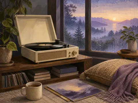A retro record player sits on a table next to a rainy window overlooking misty mountains and a setting sun.