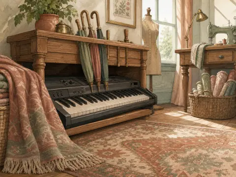 An electronic keyboard sits under a wooden table in a sunny sewing room with a mannequin and fabric rolls.