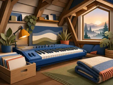 A papercraft-style attic music room with a blue synthesizer keyboard and a window framing misty mountain peaks.