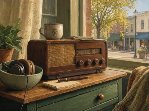 A vintage wooden radio on a green desk beside a window looking out onto a charming autumn town street.