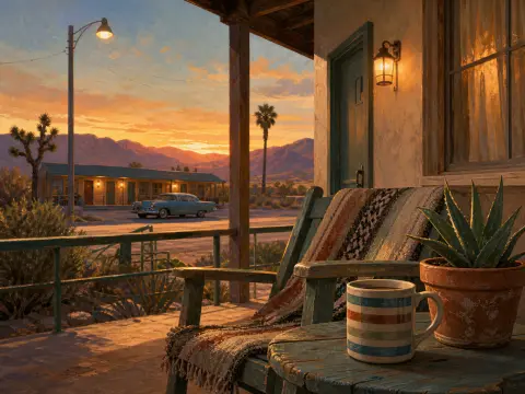 A cozy wooden porch with a striped coffee mug and woven blanket overlooking a desert motel and mountains at sunset.