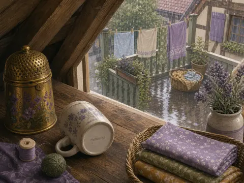 A rainy balcony with hanging laundry viewed past a cozy windowsill with sewing threads and lavender.