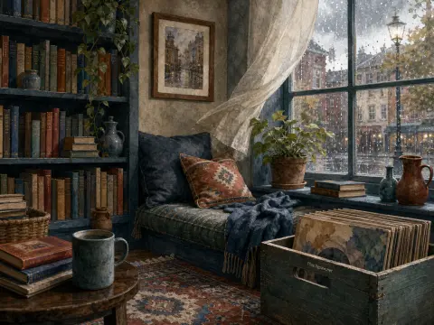 Cozy reading nook with filled bookshelves, a crate of vinyl records, and a window seat overlooking a rainy street.