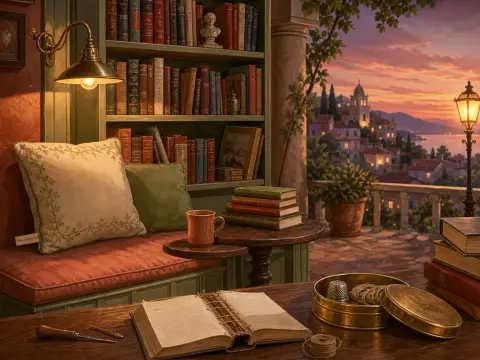 A cozy balcony study with bookshelves, bookbinding tools, and a view of a hillside coastal town at sunset.
