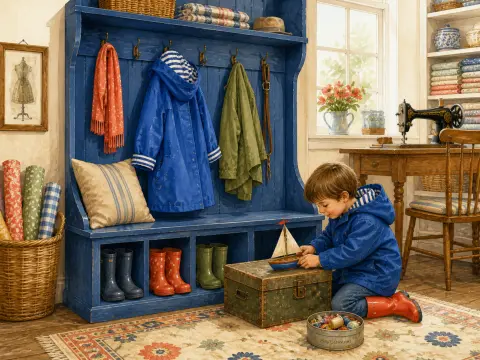 A boy in a blue coat plays with a toy sailboat near a blue entryway bench filled with raincoats and boots.