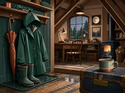 Cozy wooden attic entryway with a green raincoat, rain boots, steaming mug on a trunk, and a glowing stove by a rainy window.