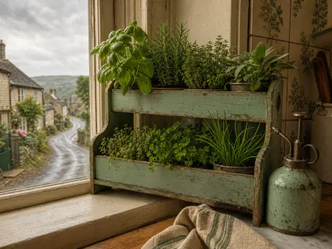 Rustic wooden herb planter and vintage spray mister on a windowsill overlooking a rainy English village lane.