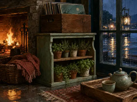 A cozy room with a glowing fireplace, potted herbs on a green shelf, and a rain-streaked window overlooking harbor lights.
