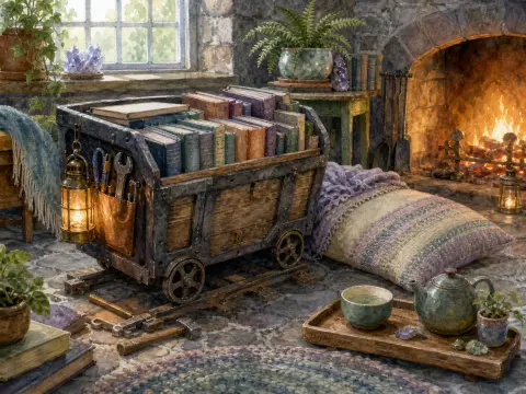 A cozy stone room with a roaring fireplace, a mine cart filled with books, floor pillows, and a tea tray.