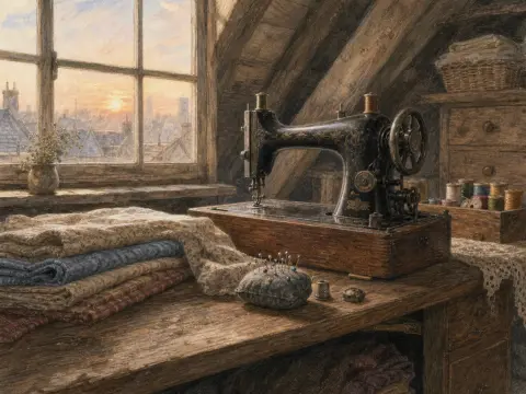 Vintage black sewing machine on a wooden desk beside folded fabrics and a window overlooking city rooftops.