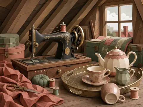 A vintage black sewing machine, antique tea set on a brass tray, and sewing notions in a warm attic workroom.
