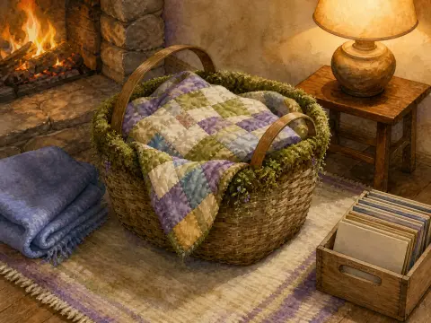 A woven basket filled with a patchwork quilt rests on a rug beside a blazing stone fireplace and a glowing lamp.