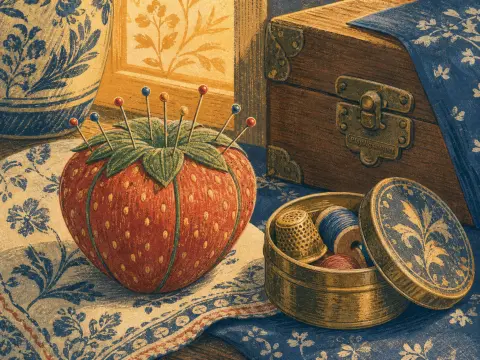A strawberry pincushion with pins next to an open brass sewing tin with spools and a thimble on a blue floral cloth.