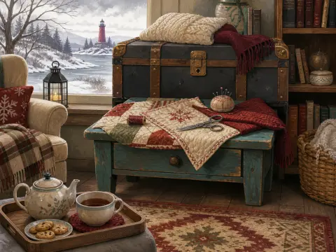 A cozy room with quilt pieces, tea tray, and a window overlooking a snowy shore and red lighthouse.