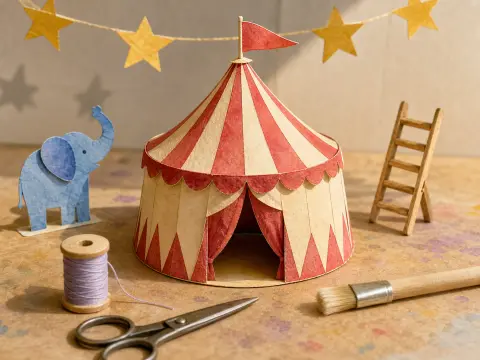 Miniature paper circus tent, cut-out blue elephant, scissors, and crafting supplies arranged on a sunlit table.