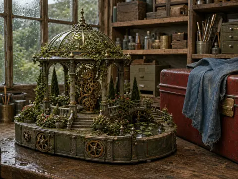 Miniature clockwork garden pavilion with brass gears and a lily pond sitting on a workshop table by a rainy window.