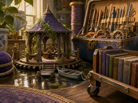 A miniature mechanical gazebo with a purple roof sits beside a tiny rowboat on a flooded wooden workbench.