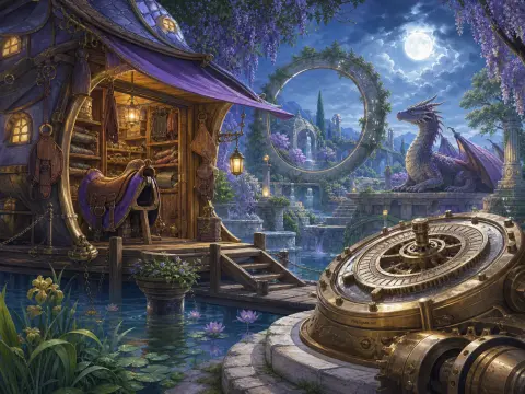 A moonlit fantasy workshop on the water displaying dragon saddles near a resting purple dragon and stone ring.