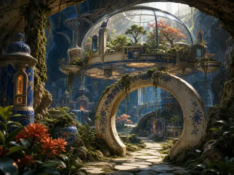 A suspended glass greenhouse dome hangs above a stone path framed by an ornate circular arch inside a cavern.