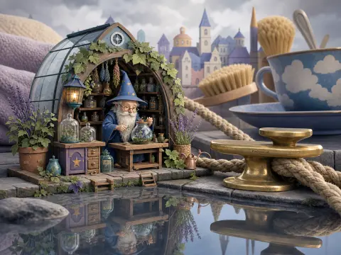 A miniature wizard tending to tiny plants inside an arched glasshouse on a stone dock beside water.