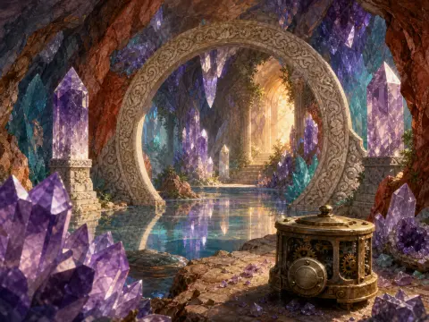 A cavern filled with giant purple crystals, a circular carved stone arch over water, and a brass clockwork box.