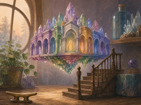 A miniature palace made of colorful glowing crystals floats in a cozy room beside wooden stairs and a potted plant.