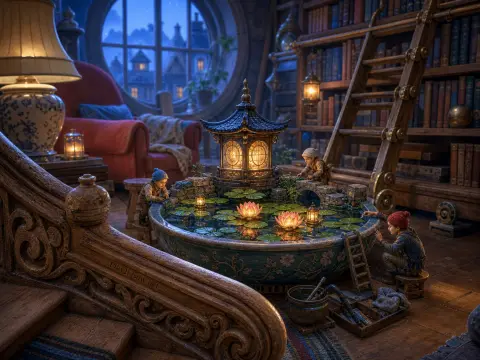 Tiny caretakers tend a glowing miniature lotus pond beside towering bookshelves in a cozy library.