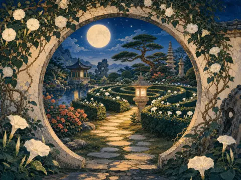 A moonlit Japanese garden with a pagoda and lantern viewed through a round stone arch draped in white flowers.