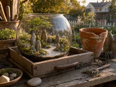 A glass bowl terrarium with a miniature bonsai tree, standing stones, and raked pebbles on an outdoor wooden workbench.