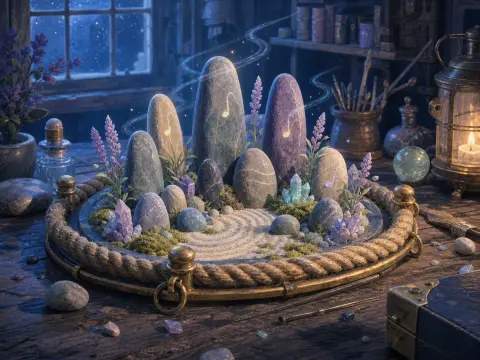 A tabletop zen garden with upright stones, glowing musical notes, crystals, and lavender on a wooden desk.