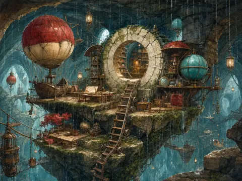 A floating stone island with a docked hot-air balloon, circular library portal, and globes inside a cavern.