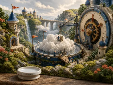 Tiny workers harvest a dense white cloud using clockwork machinery on a mountain cliff.