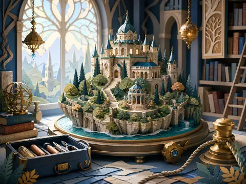 A detailed miniature castle island resting on a circular base surrounded by craft tools and books in a sunlit room.