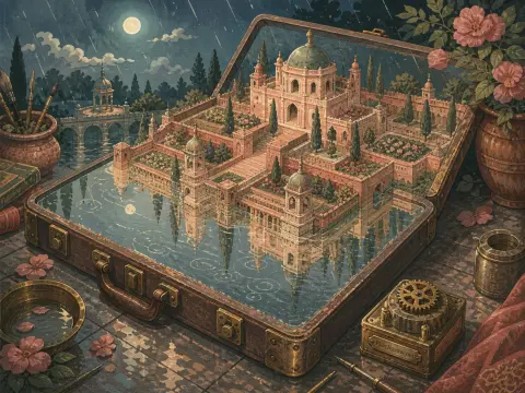 An open leather suitcase containing a miniature domed palace and reflective garden pool on a rainy night.