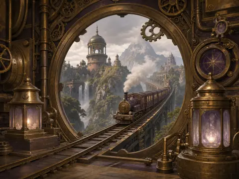 A steam train travels along a high mountain viaduct viewed through an ornate brass steampunk portal with gears and lanterns.