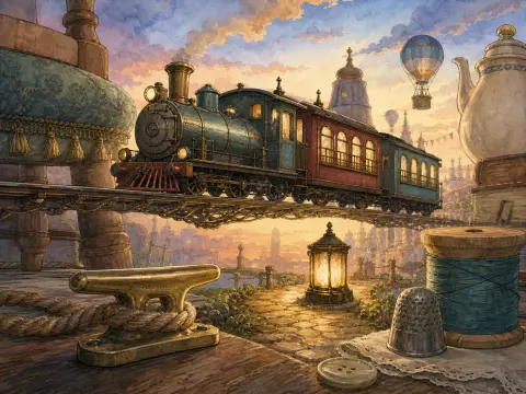 Miniature vintage steam train traveling across an elevated track surrounded by giant sewing items at sunset.