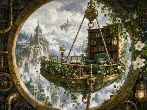 Brass circular balcony with an armchair and bookshelf suspended high above clouds and fantasy castles.