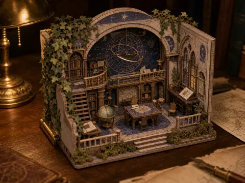 Miniature diorama of a stone celestial library with ivy, an armillary sphere, and tiny bookshelves on a wooden desk.