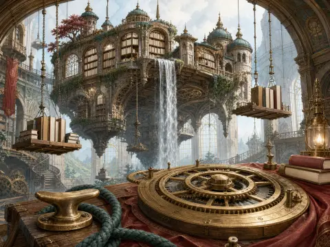 A fantasy floating stone library with cascading waterfall, suspended book platforms, and brass gears in the foreground.