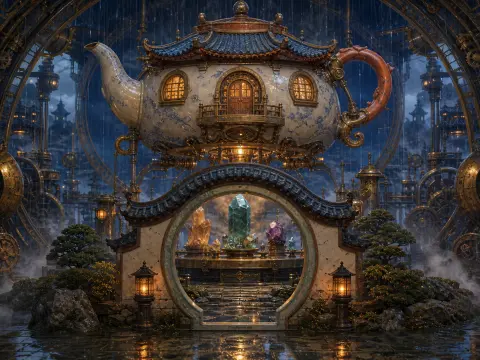 Fantasy porcelain teapot cottage perched above a circular stone gate revealing glowing crystals in a rainy courtyard.