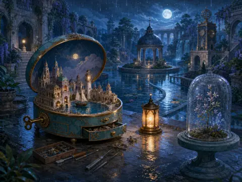 An open teal music box revealing a tiny harbor diorama beside a glowing lantern in a moonlit stone garden.