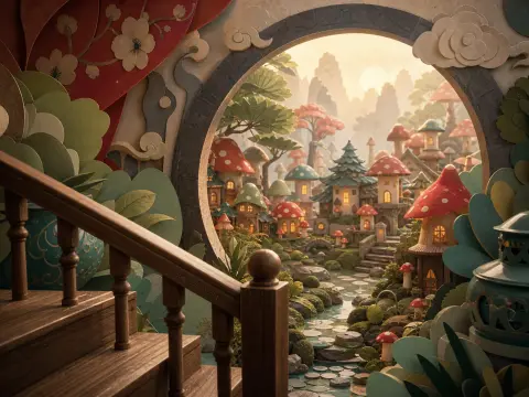 Mushroom houses nestled along a tranquil stream, seen through a decorative circular moon gate beside wooden stairs.