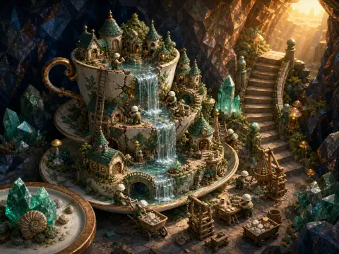 Miniature village built inside stacked porcelain teacups with a waterfall inside a glowing crystal cave.
